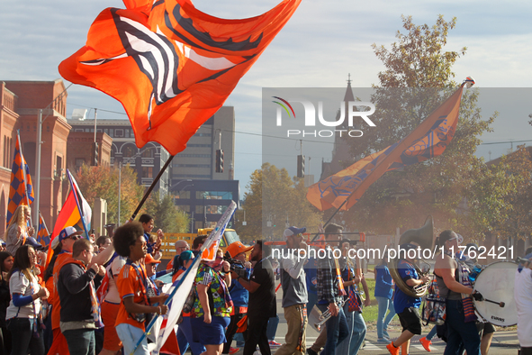 Cincinnati supporters are seen before the start of the 2024 MLS Cup Playoffs Round One match between FC Cincinnati and New York City FC at T...