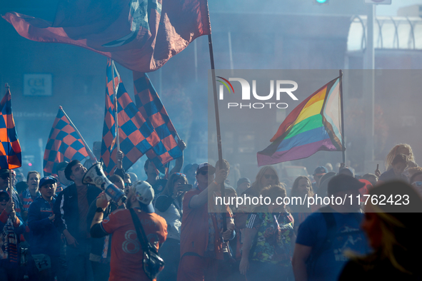 Cincinnati supporters are seen before the start of the 2024 MLS Cup Playoffs Round One match between FC Cincinnati and New York City FC at T...