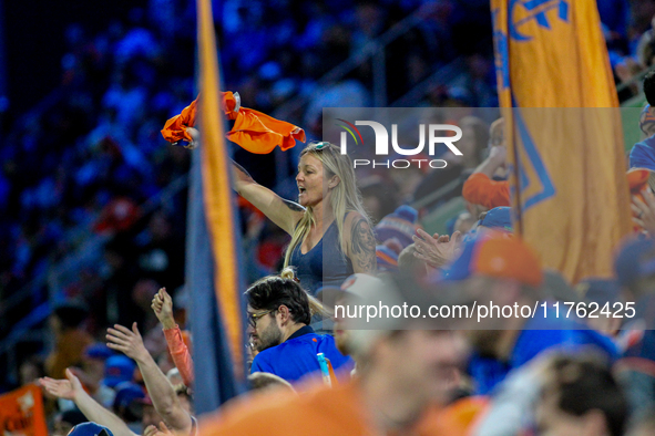 Cincinnati supporters are seen during the 2024 MLS Cup Playoffs Round One match between FC Cincinnati and New York City FC at TQL Stadium in...