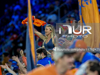 Cincinnati supporters are seen during the 2024 MLS Cup Playoffs Round One match between FC Cincinnati and New York City FC at TQL Stadium in...