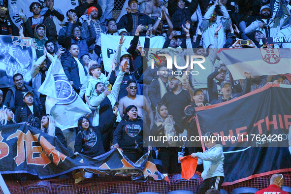 New York supporters are seen during the 2024 MLS Cup Playoffs Round One match between FC Cincinnati and New York City FC at TQL Stadium in C...