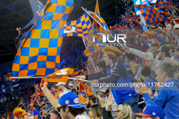 Cincinnati supporters are seen during the 2024 MLS Cup Playoffs Round One match between FC Cincinnati and New York City FC at TQL Stadium in...