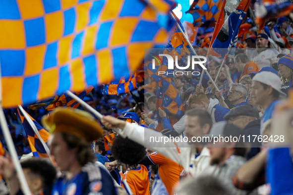 Cincinnati supporters are seen during the 2024 MLS Cup Playoffs Round One match between FC Cincinnati and New York City FC at TQL Stadium in...