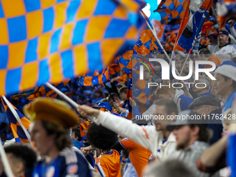 Cincinnati supporters are seen during the 2024 MLS Cup Playoffs Round One match between FC Cincinnati and New York City FC at TQL Stadium in...