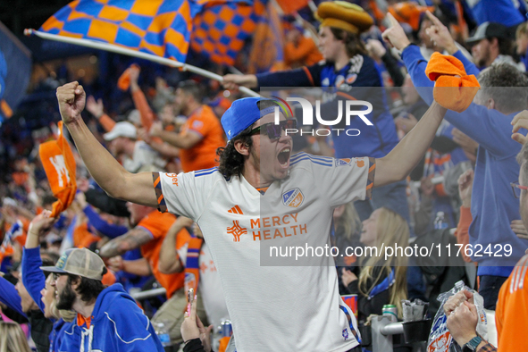 Cincinnati supporters are seen during the 2024 MLS Cup Playoffs Round One match between FC Cincinnati and New York City FC at TQL Stadium in...