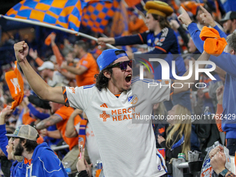 Cincinnati supporters are seen during the 2024 MLS Cup Playoffs Round One match between FC Cincinnati and New York City FC at TQL Stadium in...