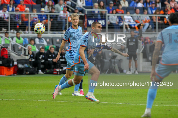 Luca Orellano of Cincinnati takes a shot on goal during the 2024 MLS Cup Playoffs Round One match between FC Cincinnati and New York City FC...