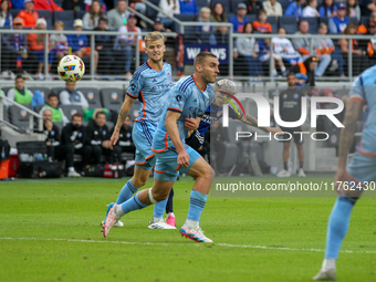 Luca Orellano of Cincinnati takes a shot on goal during the 2024 MLS Cup Playoffs Round One match between FC Cincinnati and New York City FC...