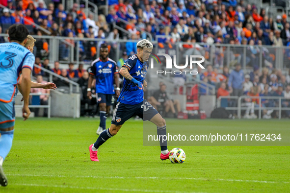 Luca Orellano of Cincinnati is seen during the 2024 MLS Cup Playoffs Round One match between FC Cincinnati and New York City FC at TQL Stadi...