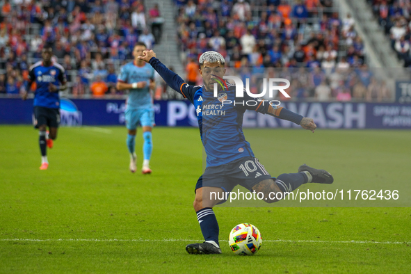 Luciano Acosta of Cincinnati appears during the 2024 MLS Cup Playoffs Round One match between FC Cincinnati and New York City FC at TQL Stad...