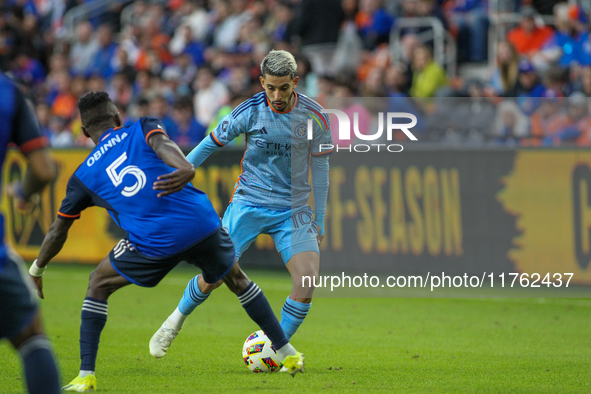 Santiago Rodriguez of New York is seen during the 2024 MLS Cup Playoffs Round One match between FC Cincinnati and New York City FC at TQL St...