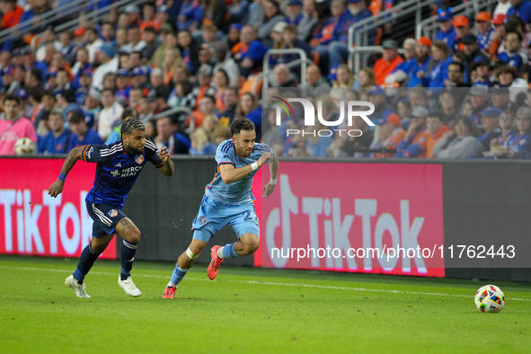 Kevin O'Toole of New York is seen during the 2024 MLS Cup Playoffs Round One match between FC Cincinnati and New York City FC at TQL Stadium...