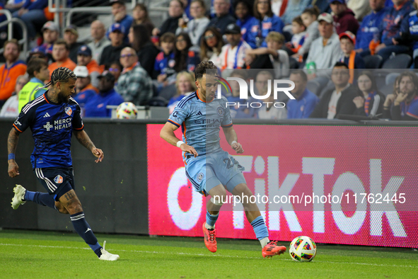 Kevin O'Toole of New York is seen during the 2024 MLS Cup Playoffs Round One match between FC Cincinnati and New York City FC at TQL Stadium...