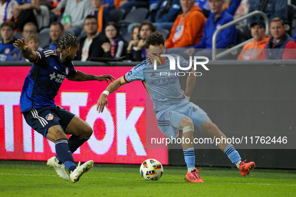 Kevin O'Toole of New York is seen during the 2024 MLS Cup Playoffs Round One match between FC Cincinnati and New York City FC at TQL Stadium...