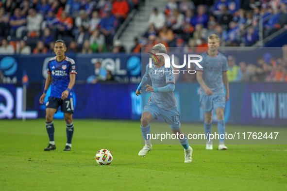 Santiago Rodriguez of New York is seen during the 2024 MLS Cup Playoffs Round One match between FC Cincinnati and New York City FC at TQL St...