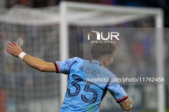 Mitja Ilenic of New York City celebrates after scoring a penalty kick during the 2024 MLS Cup Playoffs Round One match between FC Cincinnati...