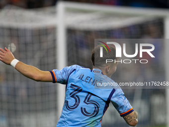 Mitja Ilenic of New York City celebrates after scoring a penalty kick during the 2024 MLS Cup Playoffs Round One match between FC Cincinnati...