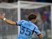 Mitja Ilenic of New York City celebrates after scoring a penalty kick during the 2024 MLS Cup Playoffs Round One match between FC Cincinnati...