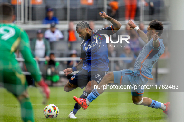 DeAndre Yedlin of Cincinnati takes a shot on goal during the 2024 MLS Cup Playoffs Round One match between FC Cincinnati and New York City F...