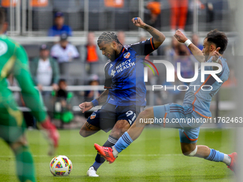 DeAndre Yedlin of Cincinnati takes a shot on goal during the 2024 MLS Cup Playoffs Round One match between FC Cincinnati and New York City F...