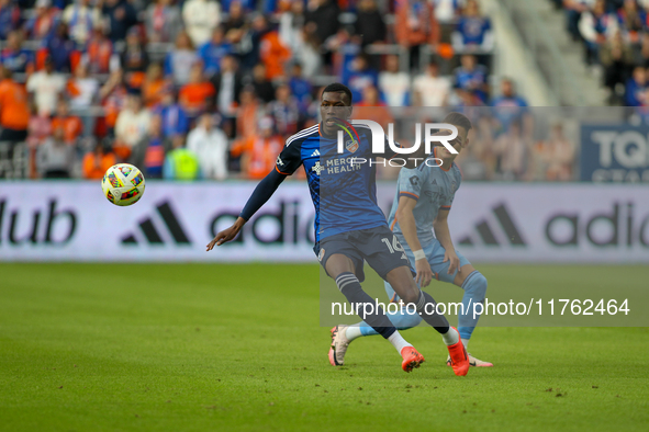 Teenage Hadebe is seen during the 2024 MLS Cup Playoffs Round One match between FC Cincinnati and New York City FC at TQL Stadium in Cincinn...