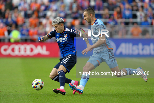 Luca Oreallano of Cincinnati moves the ball upfield during the 2024 MLS Cup Playoffs Round One match between FC Cincinnati and New York City...