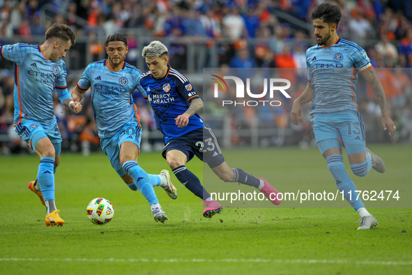 During the 2024 MLS Cup Playoffs Round One match between FC Cincinnati and New York City FC at TQL Stadium in Cincinnati, Ohio, on November...