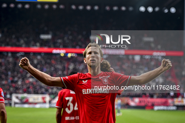 FC Twente midfielder Michel Vlap celebrates the 1-0 goal during the match between Twente and Ajax at the Grolsch Veste stadium for the Dutch...