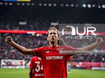 FC Twente midfielder Michel Vlap celebrates the 1-0 goal during the match between Twente and Ajax at the Grolsch Veste stadium for the Dutch...