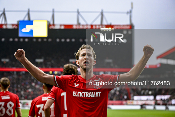 FC Twente midfielder Michel Vlap celebrates the 1-0 goal during the match between Twente and Ajax at the Grolsch Veste stadium for the Dutch...