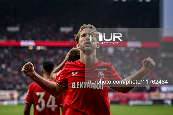 FC Twente midfielder Michel Vlap celebrates the 1-0 goal during the match between Twente and Ajax at the Grolsch Veste stadium for the Dutch...