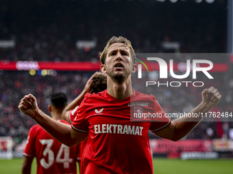 FC Twente midfielder Michel Vlap celebrates the 1-0 goal during the match between Twente and Ajax at the Grolsch Veste stadium for the Dutch...