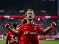 FC Twente midfielder Michel Vlap celebrates the 1-0 goal during the match between Twente and Ajax at the Grolsch Veste stadium for the Dutch...