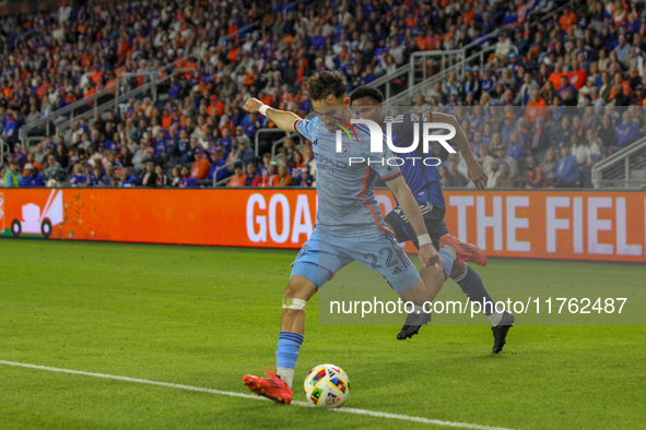 Kevin O'Toole of New York takes a shot during the 2024 MLS Cup Playoffs Round One match between FC Cincinnati and New York City FC at TQL St...