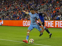 Kevin O'Toole of New York takes a shot during the 2024 MLS Cup Playoffs Round One match between FC Cincinnati and New York City FC at TQL St...