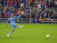 Santiago Rodriques of New York takes a penalty kick during the 2024 MLS Cup Playoffs Round One match between FC Cincinnati and New York City...