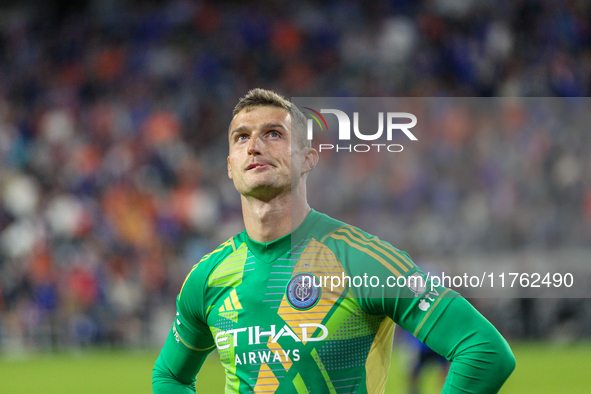 New York goalie Matt Freese looks to the crowd during the 2024 MLS Cup Playoffs Round One match between FC Cincinnati and New York City FC a...