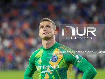 New York goalie Matt Freese looks to the crowd during the 2024 MLS Cup Playoffs Round One match between FC Cincinnati and New York City FC a...