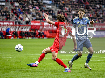 FC Twente forward Sam Lammers and AFC Ajax Amsterdam defender Youri Baas play during the match between Twente and Ajax at the Grolsch Veste...