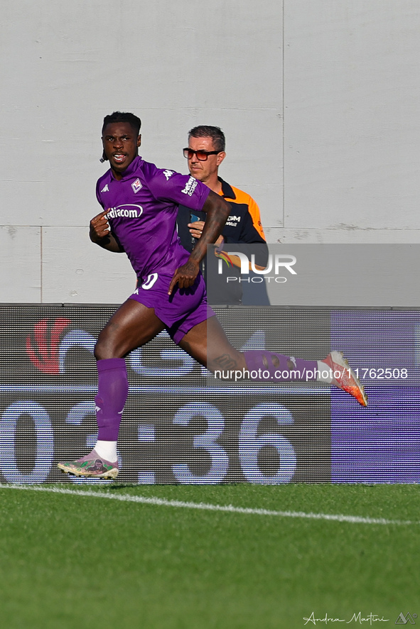 Moise Kean of ACF Fiorentina celebrates after scoring his team's goal during the Italian Serie A football match between ACF Fiorentina and H...