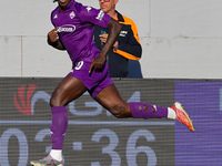 Moise Kean of ACF Fiorentina celebrates after scoring his team's goal during the Italian Serie A football match between ACF Fiorentina and H...