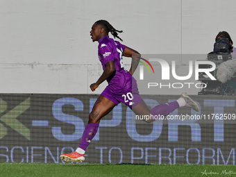 Moise Kean of ACF Fiorentina celebrates after scoring his team's goal during the Italian Serie A football match between ACF Fiorentina and H...