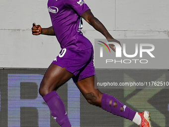 Moise Kean of ACF Fiorentina celebrates after scoring his team's goal during the Italian Serie A football match between ACF Fiorentina and H...