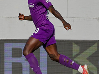 Moise Kean of ACF Fiorentina celebrates after scoring his team's goal during the Italian Serie A football match between ACF Fiorentina and H...