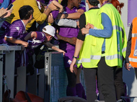 Moise Kean of ACF Fiorentina celebrates with teammates after scoring  goal during the Italian Serie A football match between ACF Fiorentina...