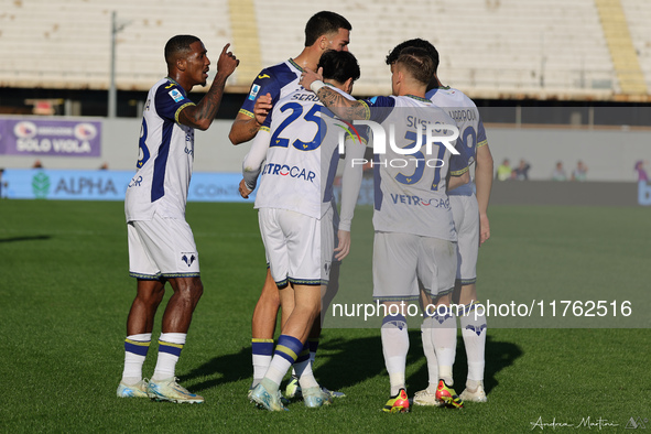 Suat Serdar of Hellas Verona FC celebrates with teammates after scoring  goal during  the Italian Serie A football match between ACF Fiorent...