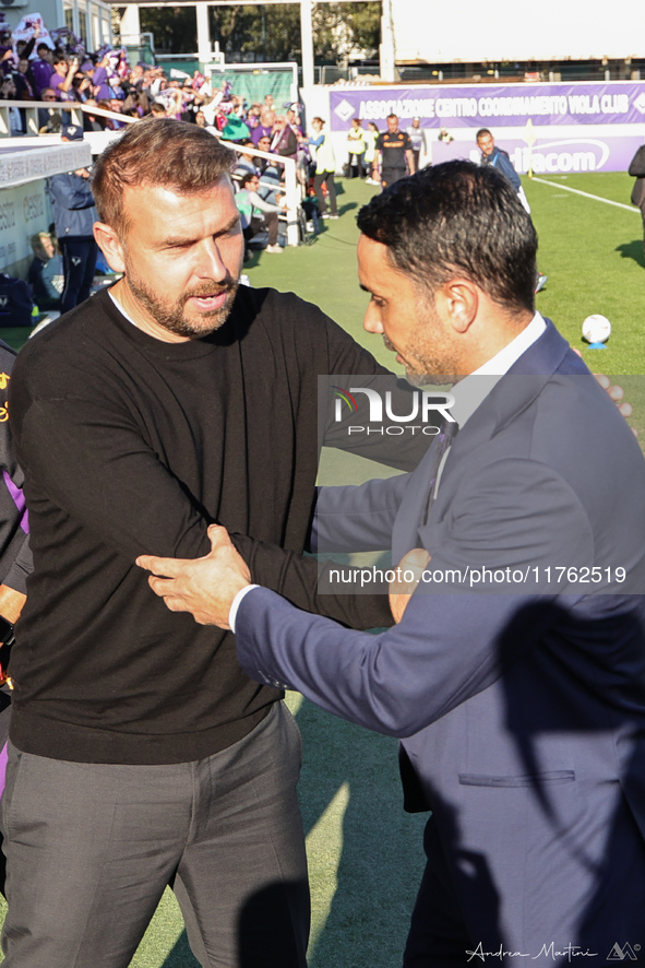 Head Coach Raffaele Palladino of ACF Fiorentina talks to Head Coach Paolo Zanetti of Hellas Verona FC , prior to  the Italian Serie A footba...