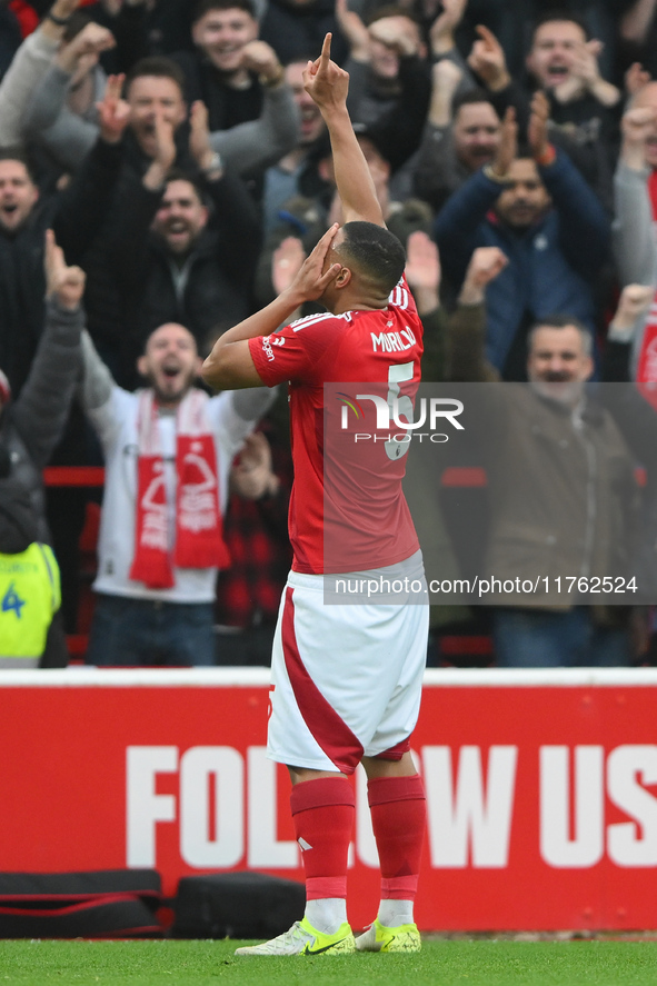 Murillo of Nottingham Forest celebrates after scoring a goal to make it 1-0 during the Premier League match between Nottingham Forest and Ne...