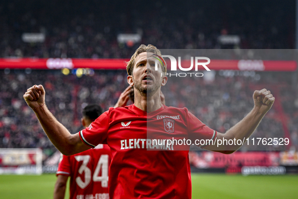 FC Twente midfielder Michel Vlap celebrates the 1-0 goal during the match between Twente and Ajax at the Grolsch Veste stadium for the Dutch...