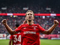 FC Twente midfielder Michel Vlap celebrates the 1-0 goal during the match between Twente and Ajax at the Grolsch Veste stadium for the Dutch...